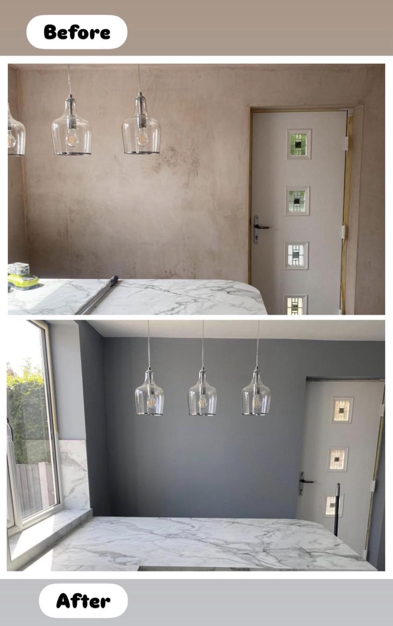 Room transformed from bare plaster to a freshly painted dark grey feature wall — interior painting and decorating in Billericay, MNC Construction