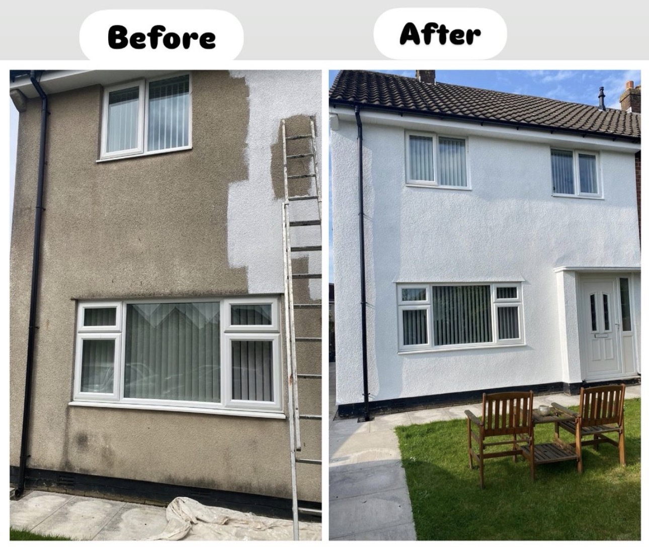 Exterior render transformed from bare pebbledash to fresh white paint — exterior painting Essex, MNC Construction