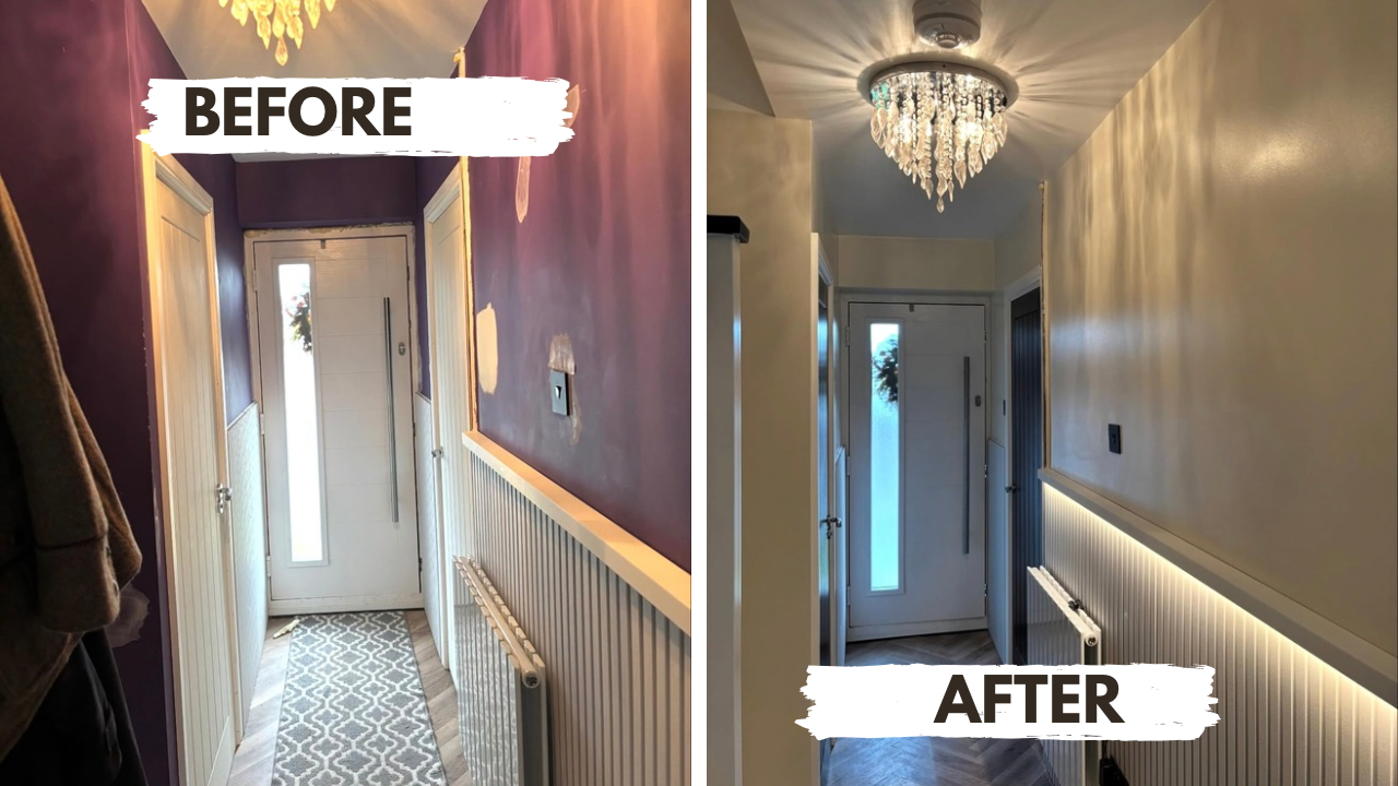 Hallway transformed from bare plaster to a freshly decorated finish with statement lighting — before and after interior decorating by MNC Construction, Essex