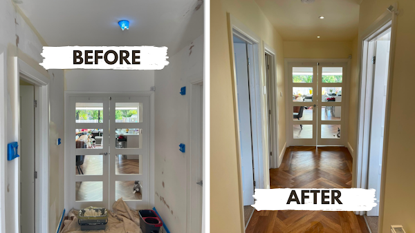 Hallway transformed from bare plaster to a finished herringbone parquet floor and glazed door — before and after interior decorating by MNC Construction, Essex