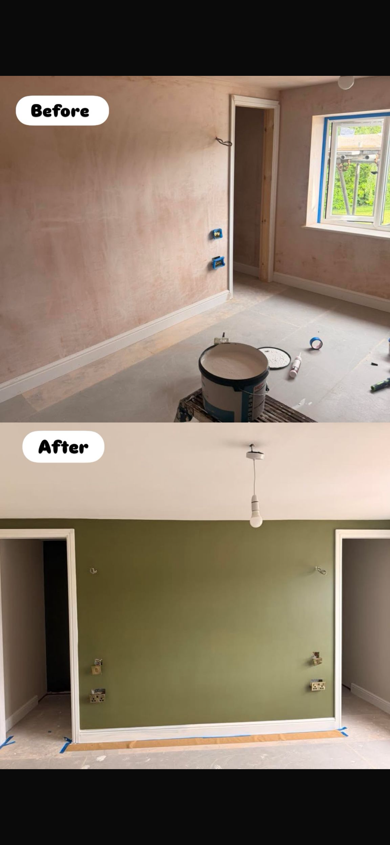 Bedroom wall transformed from bare plaster to a fresh olive green feature wall — before and after interior painting by MNC Construction, Essex
